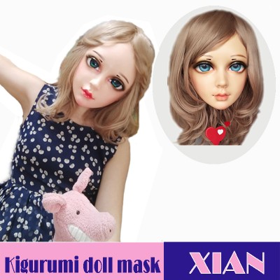 (Xian)Crossdress Sweet Girl Resin Half Head Female Kigurumi Mask With BJD Eyes Cosplay Anime Doll Mask